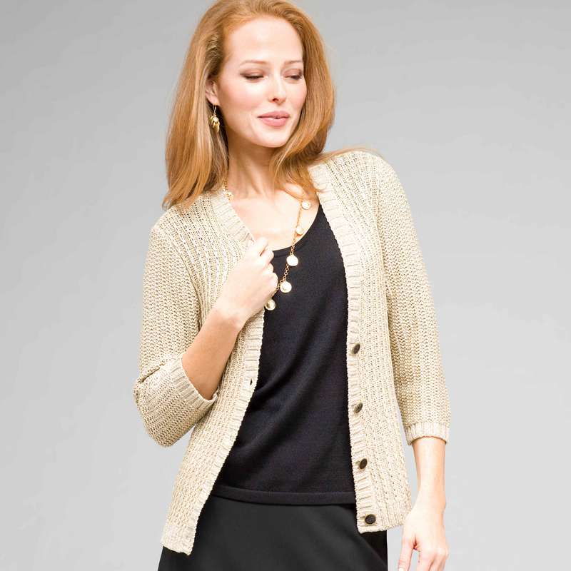 3/4 Sleeve V-Neck Cardigan, Ivory/Gold, large image number 0